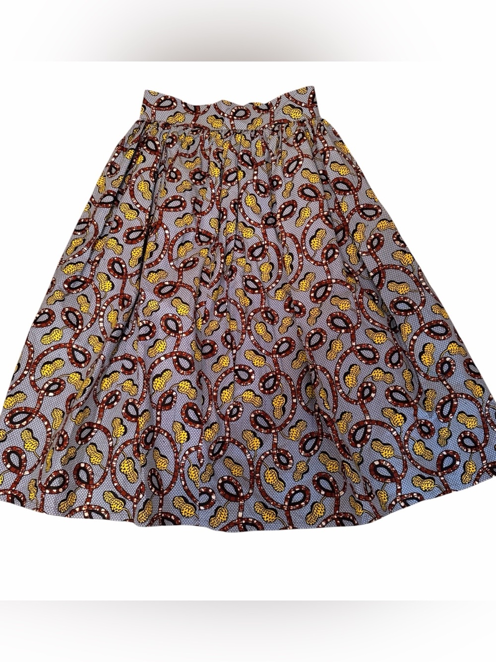Shop Afrikka Full A-Line Navy /Brown/ Yellow Poplin Printed Midi Skirt M NEW